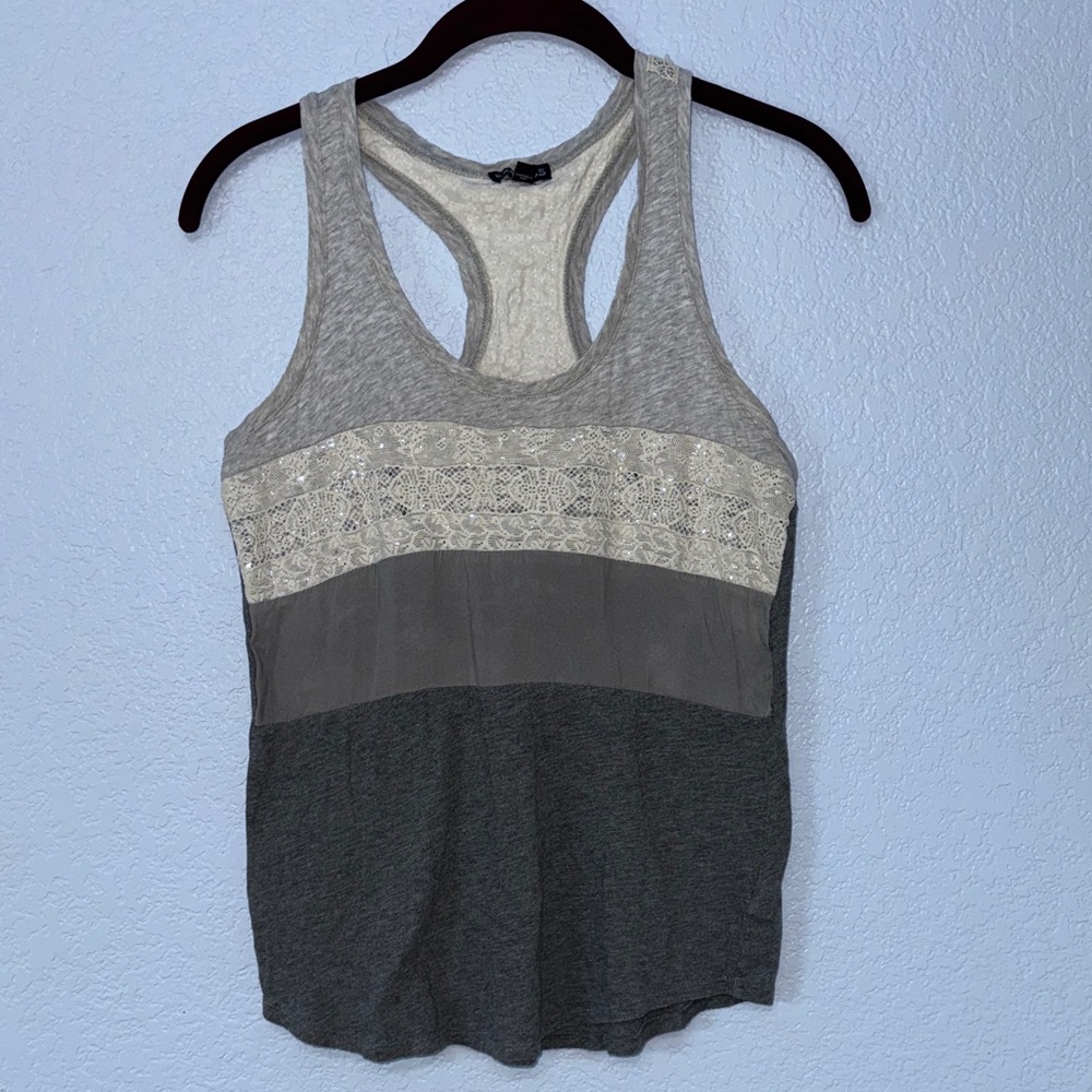 Express Gray and Cream sparkle Tank Top With Lace Accents size XS